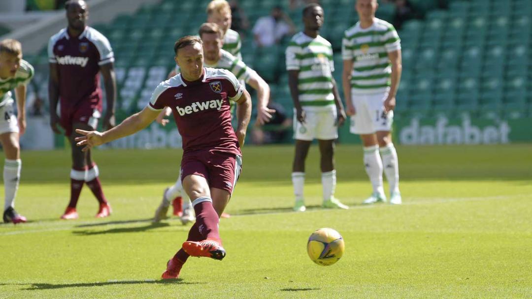 Mark Noble scores a penalty against Celtic