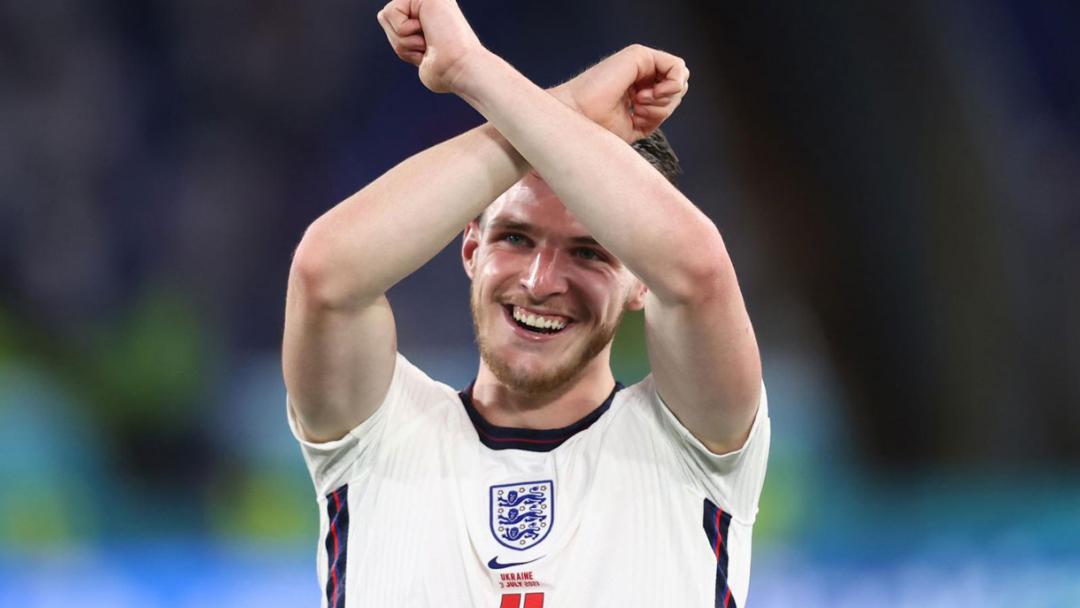 Declan Rice celebrates England's victory over Ukraine