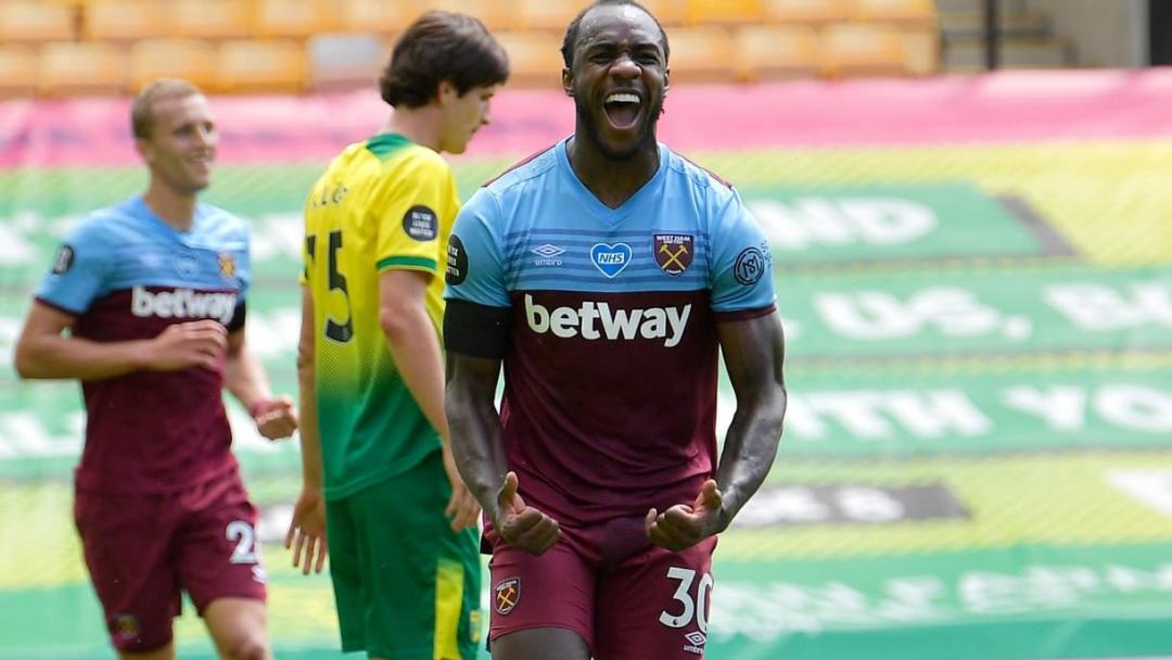 Michail Antonio celebrates scoring against Norwich