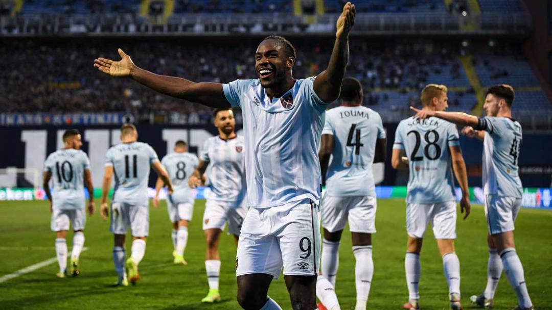 Michail Antonio celebrates scoring at Dinamo Zagreb