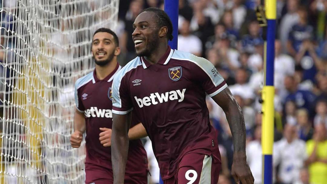 Michail Antonio celebrates scoring at Leeds