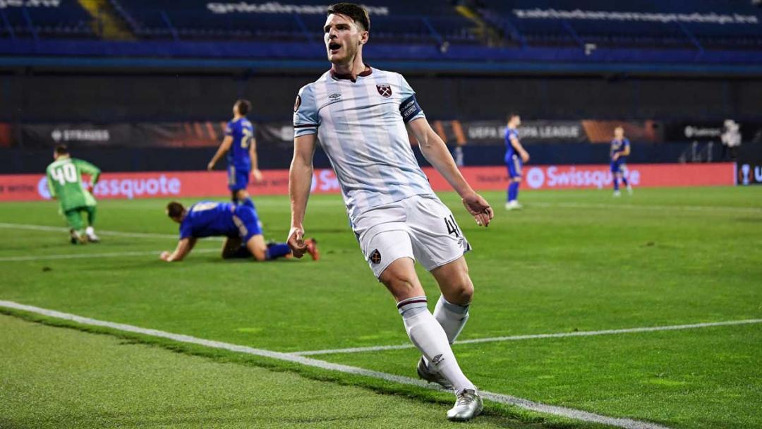 Declan Rice celebrates scoring against Dinamo Zagreb