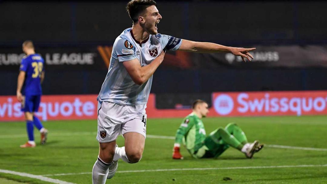 Declan Rice celebrates scoring at Dinamo Zagreb