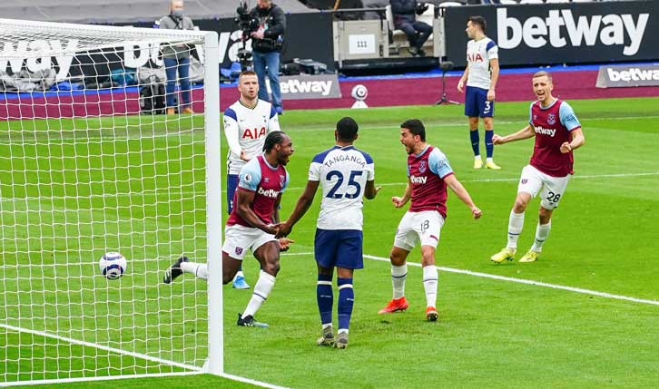 Michail Antonio celebrates scoring against Spurs last season