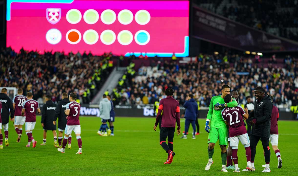West Ham celebrate after beating Manchester City on penalties