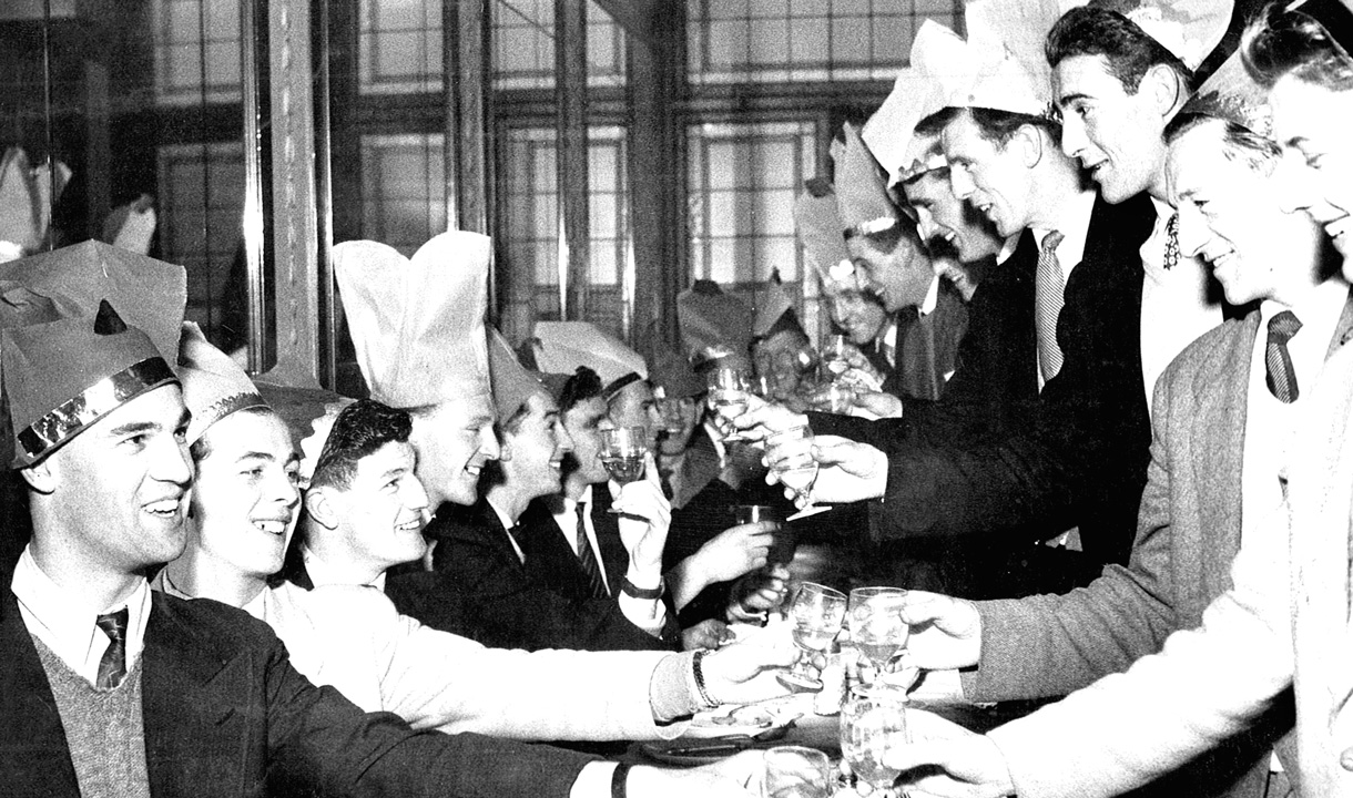 The Hammers enjoy a Christmas lunch at the Denmark Arms in Barking in 1955