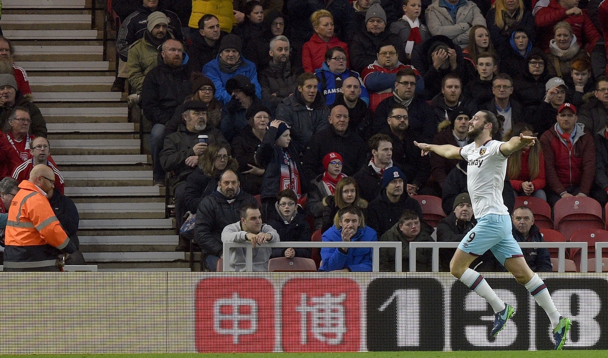 Andy Carroll celebrates scoring at Middlesbrough