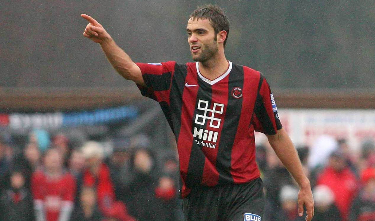 Matt Langston celebrates scoring for Histon against Leeds