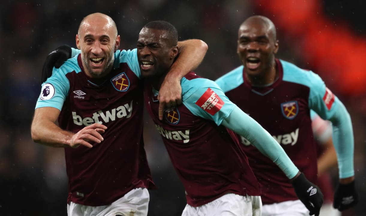 Pedro Obiang celebrates scoring at Tottenham