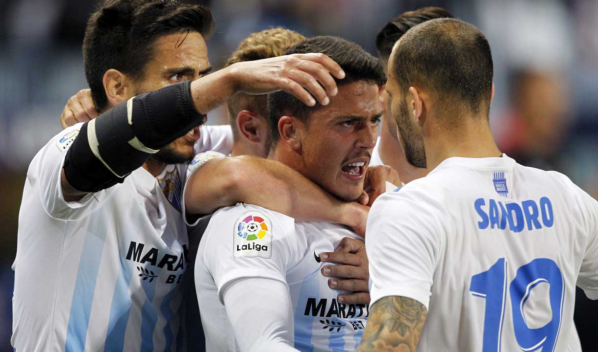 Pablo Fornals celebrates his goal for Malaga against Sevilla in 2017