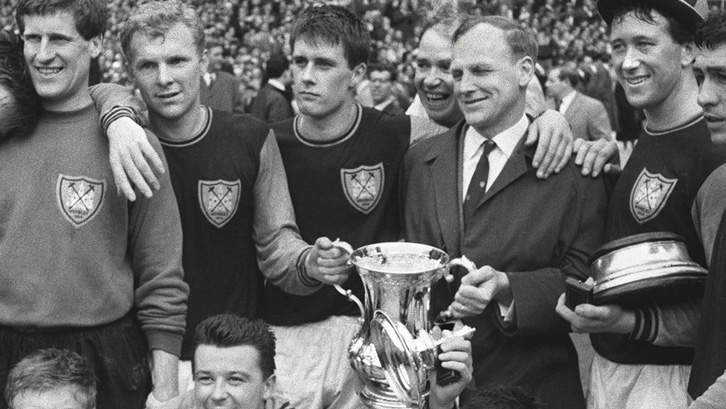 Ron Greenwood celebrates winning the FA Cup with his players in 1964