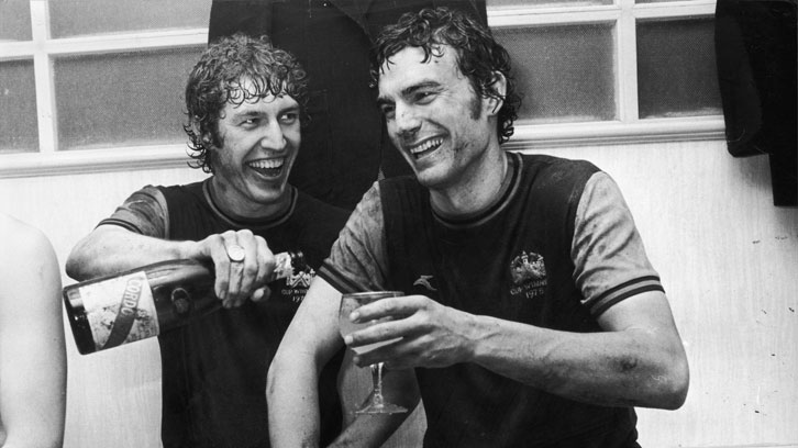 Trevor Brooking and Pat Holland celebrate