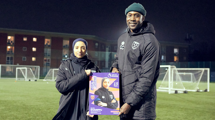 Carlton Cole presents Najma Shariffu with her PL Kicks Local Legend card