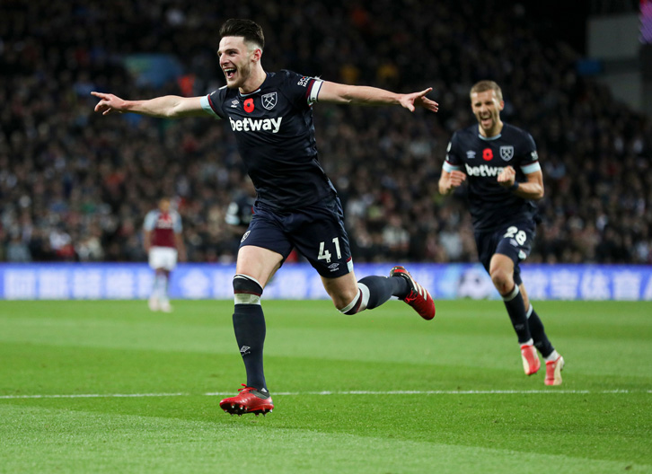 Declan Rice celebrates scoring at Aston Villa earlier this season