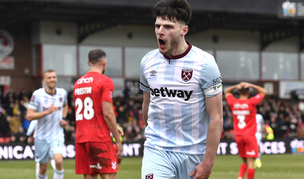 Declan Rice celebrates at Kidderminster