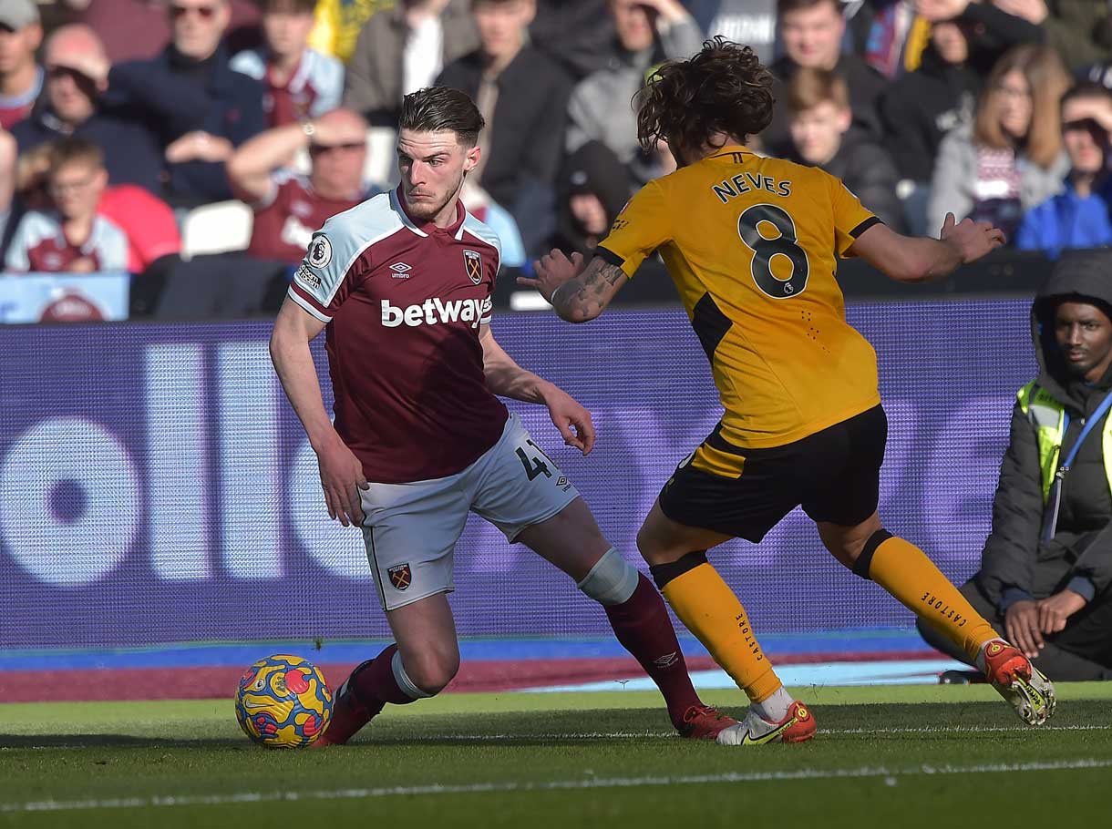 Declan Rice in action against Wolves