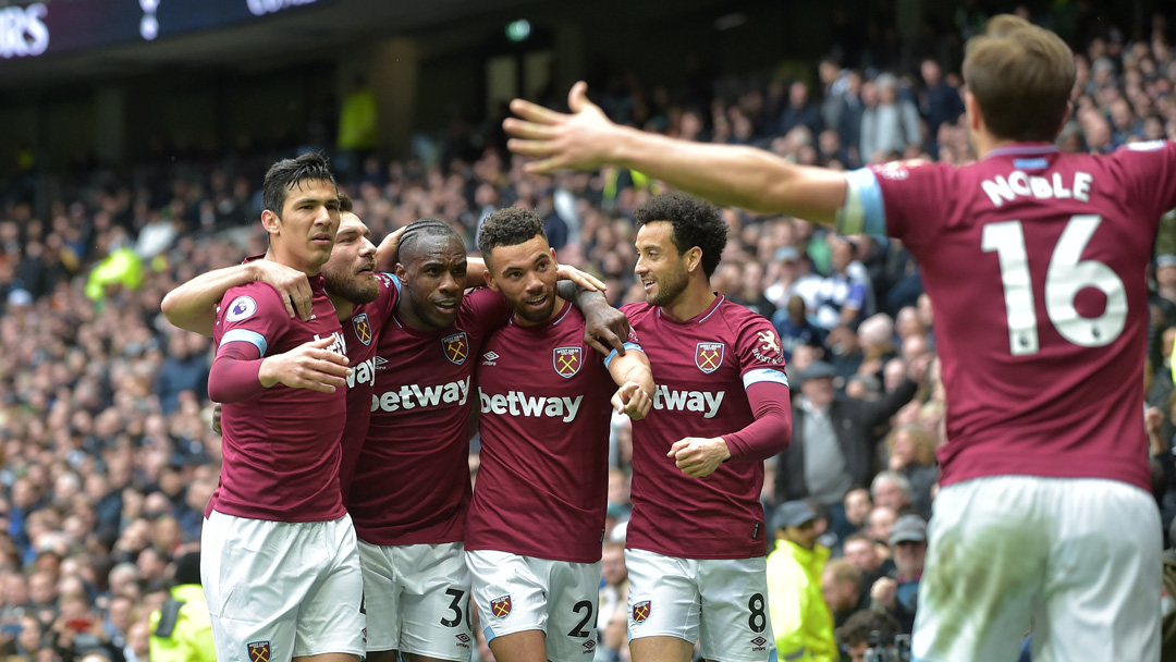 Michail Antonio celebrates scoring at Tottenham in April 2019