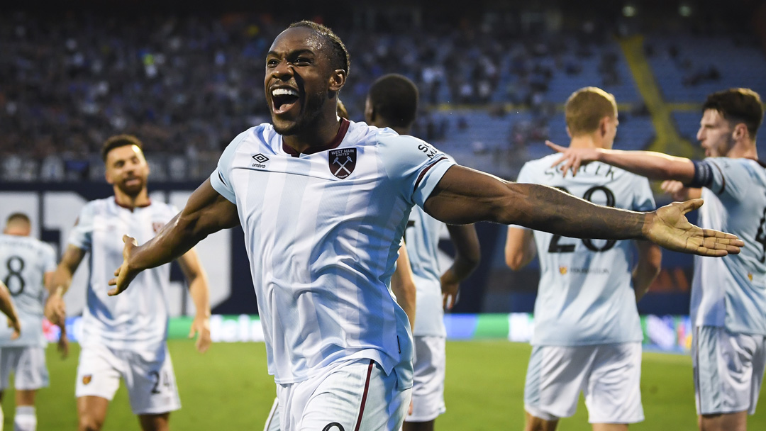 Michail Antonio celebrates scoring at Dinamo Zagreb