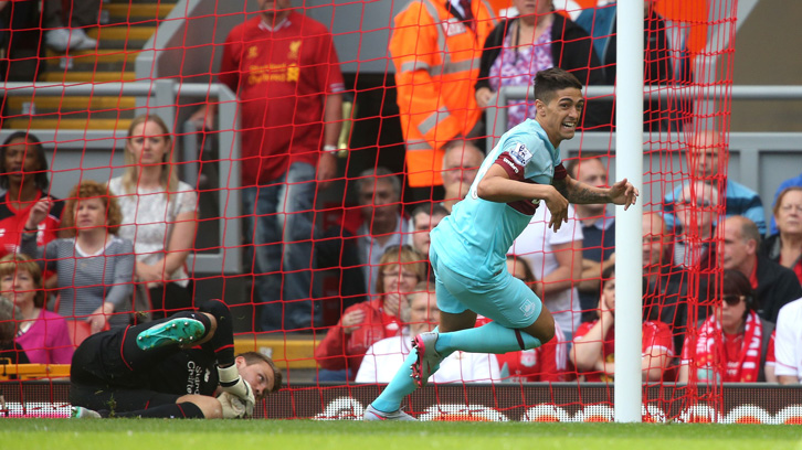 Manuel Lanzini scores at Liverpool in August 2015