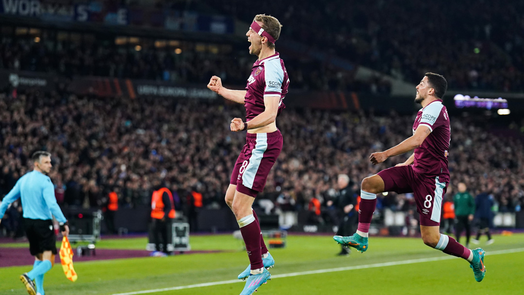 Tomáš Souček celebrates putting West Ham in front on the night