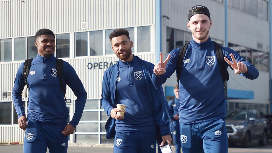 Ben Johnson, Ryan Fredericks and Declan Rice prepare to board the flight to Seville