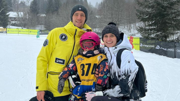 Tomas Soucek with his wife and daughter