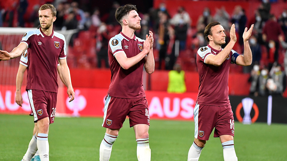 Declan Rice applauds the fans at full-time