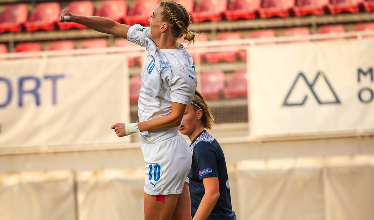 Dagny celebrates her goal against Belarus