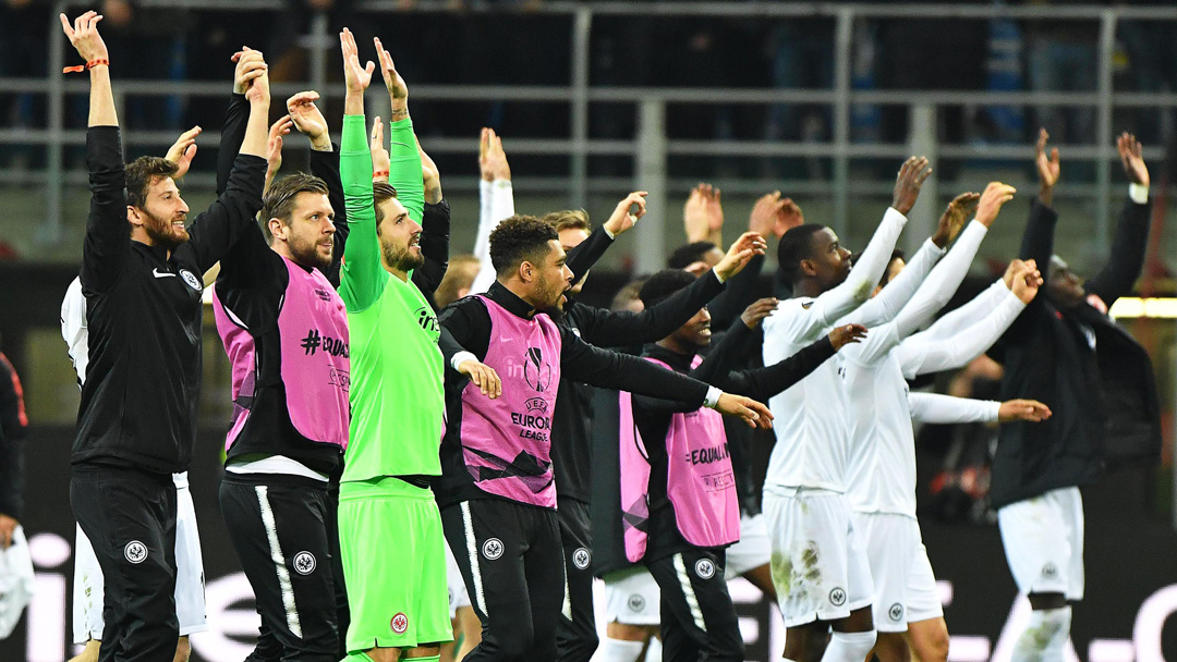 Eintracht Frankfurt players celebrate after the UEFA Europa League round of 16, second leg soccer match between Inter Milan and Eintracht Frankfurt in Milan, Italy, 14 March 2019
