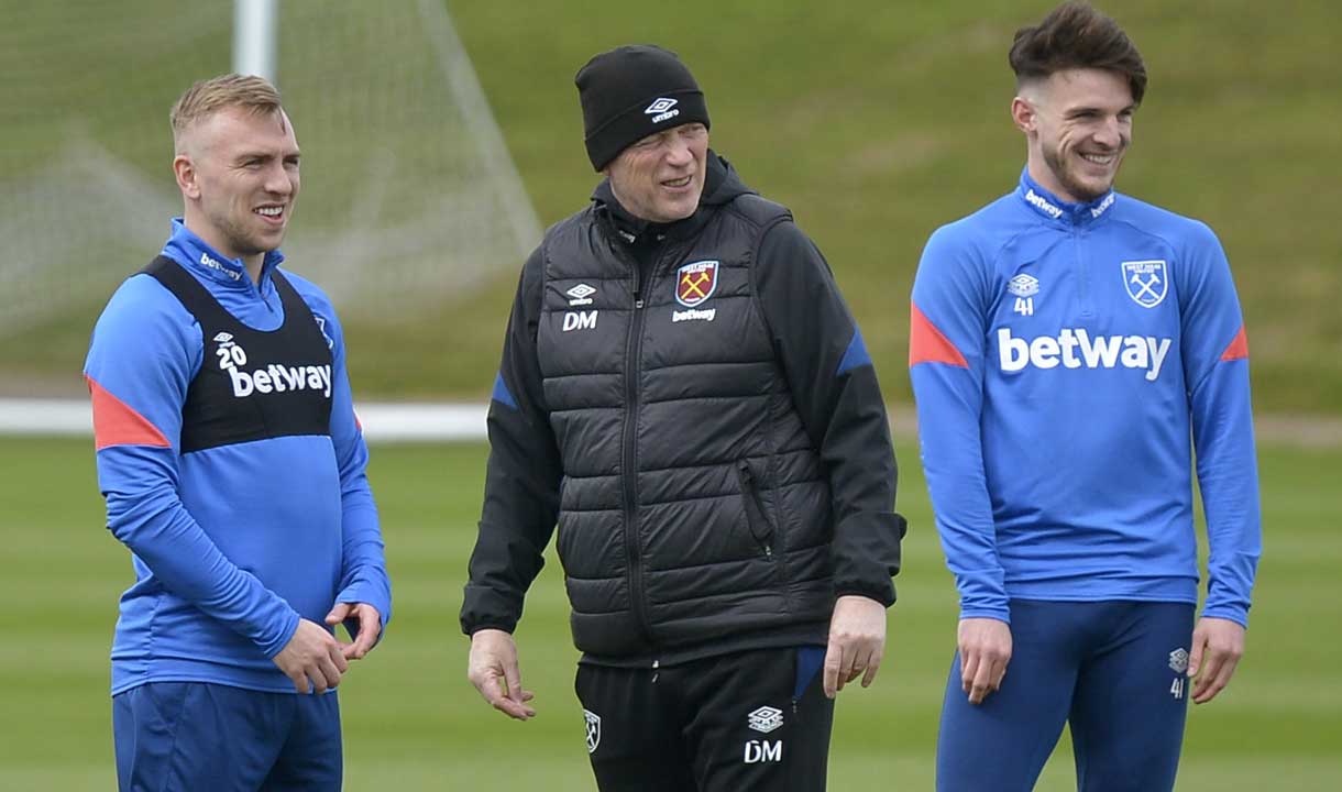 David Moyes with Jarrod Bowen and Declan Rice