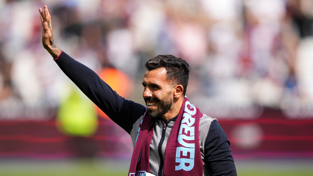 Carlos Tevez waves to the Claret and Blue Army