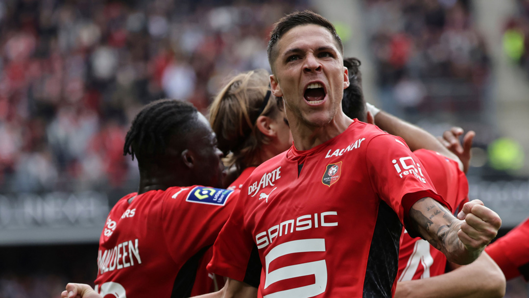 Nayef Aguerd celebrates a goal for Rennes