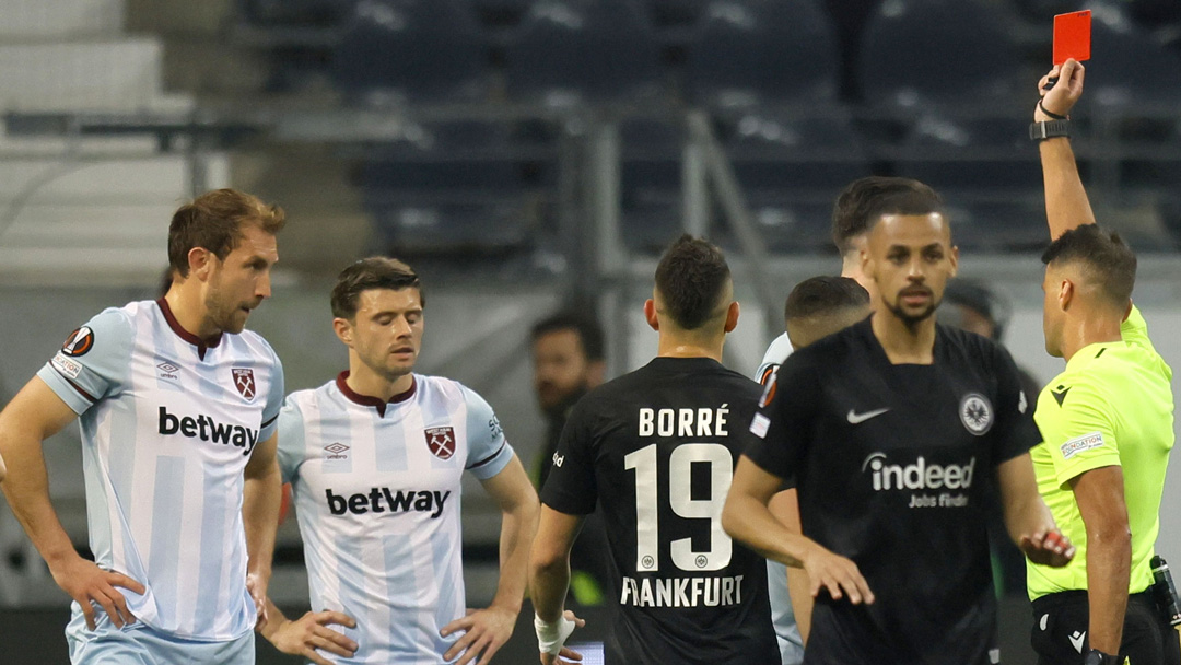 Aaron Cresswell was sent-off in Frankfurt