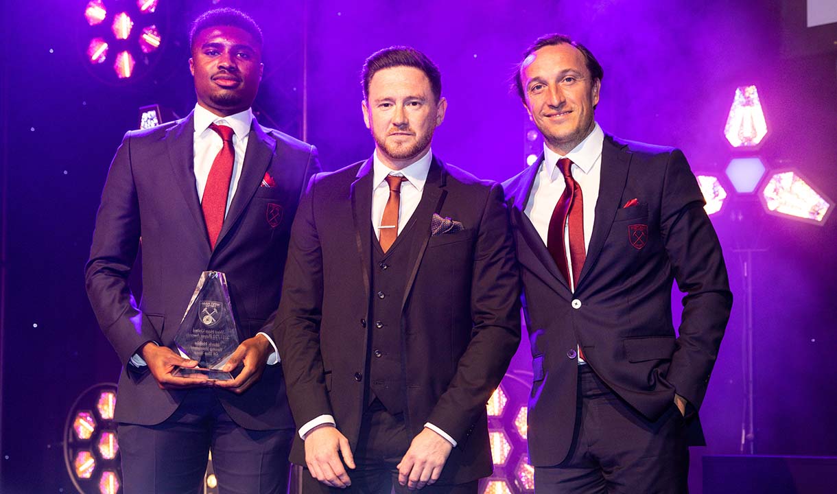 Ben Johnson, Mark Noble and the sponsor of the 2021/22 Mark Noble Young Hammer of the Year Award