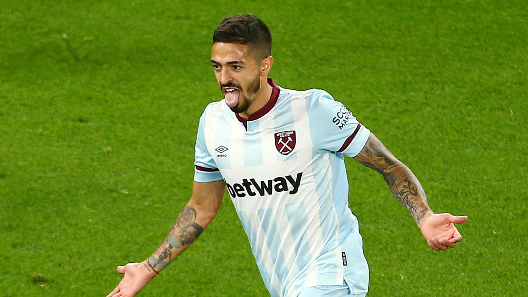 Manuel Lanzini celebrates scoring at Manchester United in the EFL Cup
