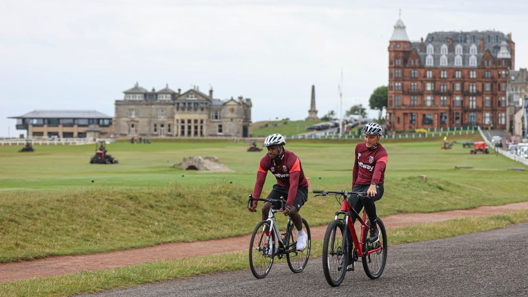 Mark Noble and Michail Antonio cycling in St Andrews, Scotland