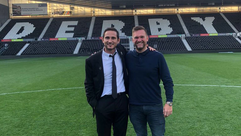 Neil Finn with former West Ham teammate Frank Lampard when the latter was Derby County manager