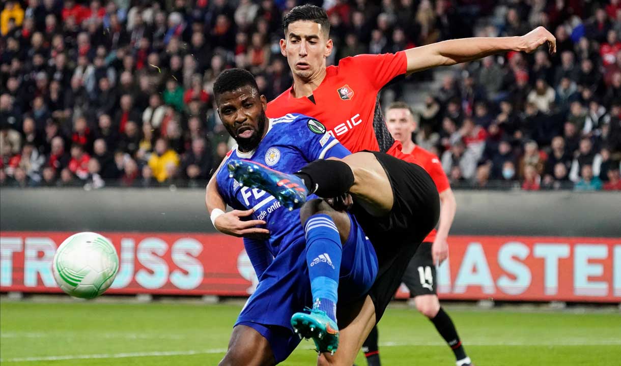 Nayef Aguerd in action for Rennes against Leicester