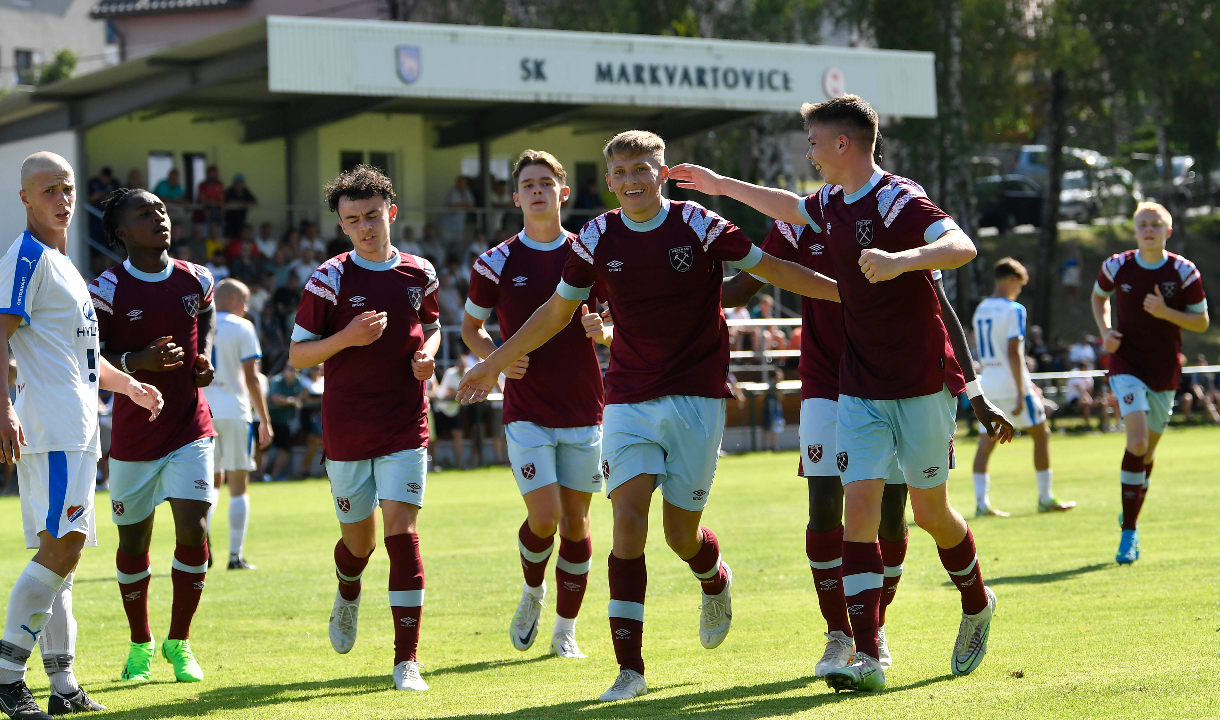 Callum Marshall celebrates scoring in West Ham United U18s' 4-0 win over Banik Ostrava