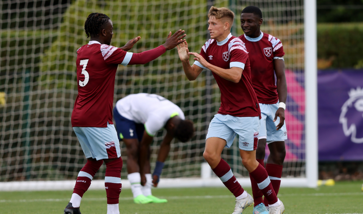 Callum Marshall celebrates scoring in West Ham United U19s' 8-0 win at Tottenham Hotspur