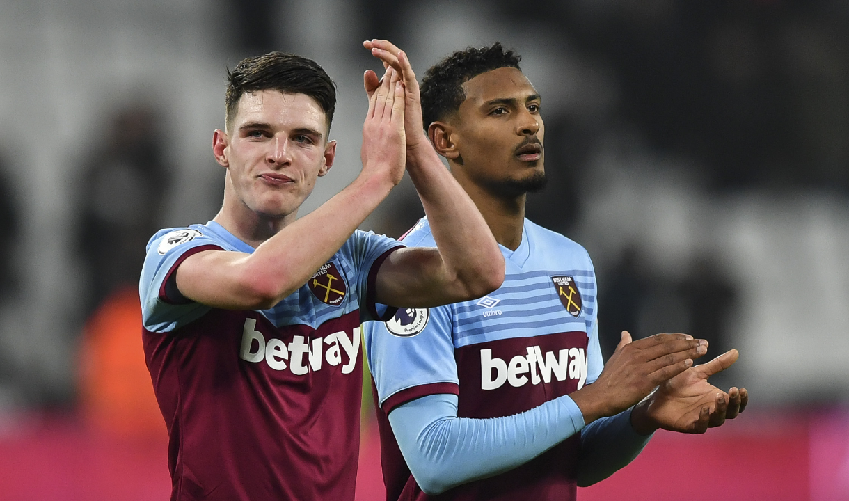 Declan Rice with Sebastien Haller for West Ham United in the 2019/20 season