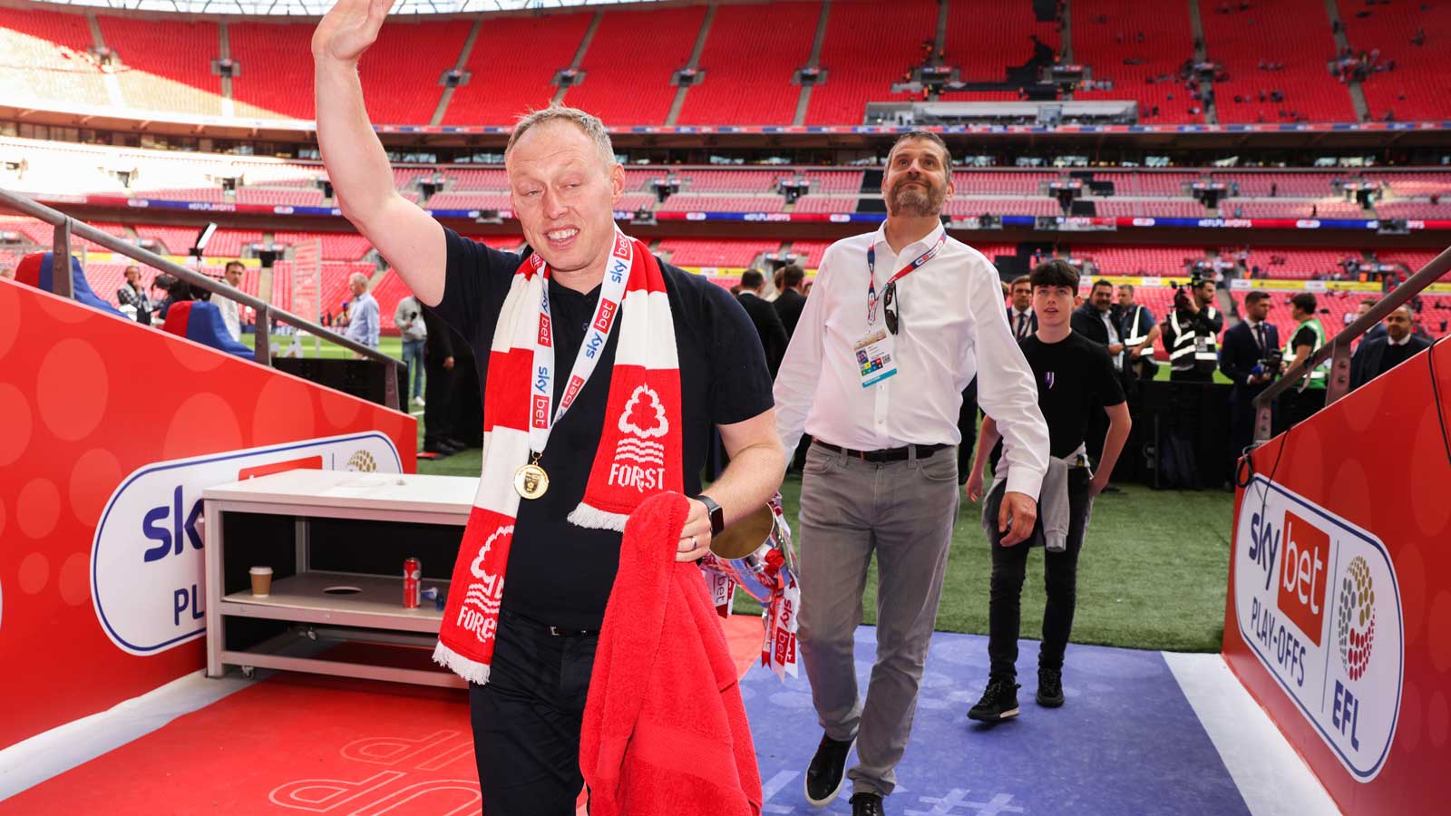 Nottingham Forest manager Steve Cooper celebrates his team's play-off final victory in May