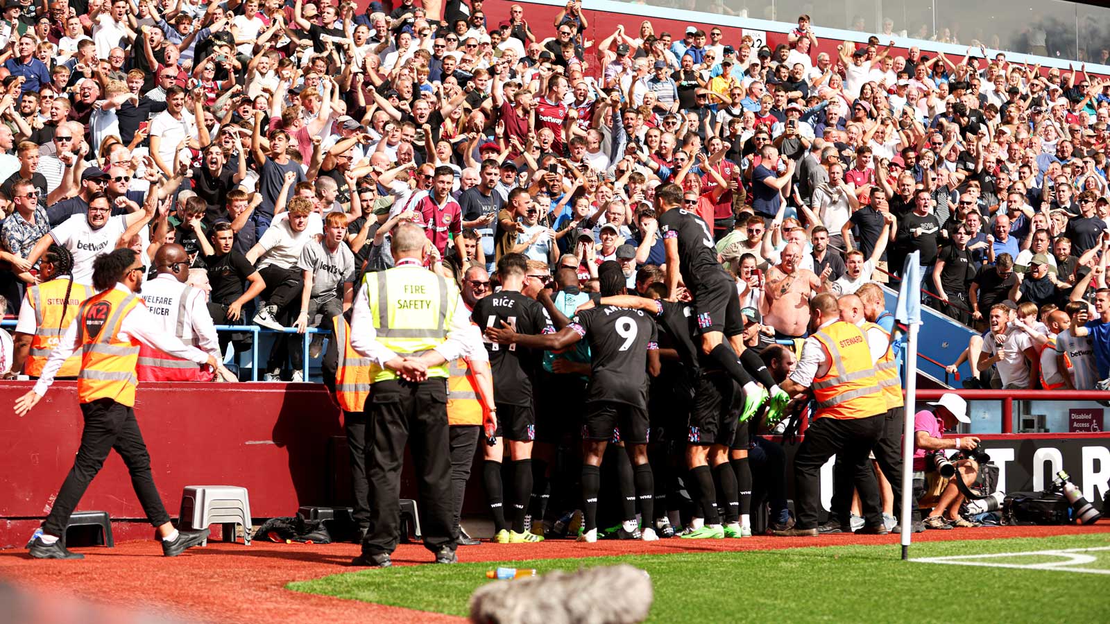 West Ham celebrate with the fans at Aston Villa