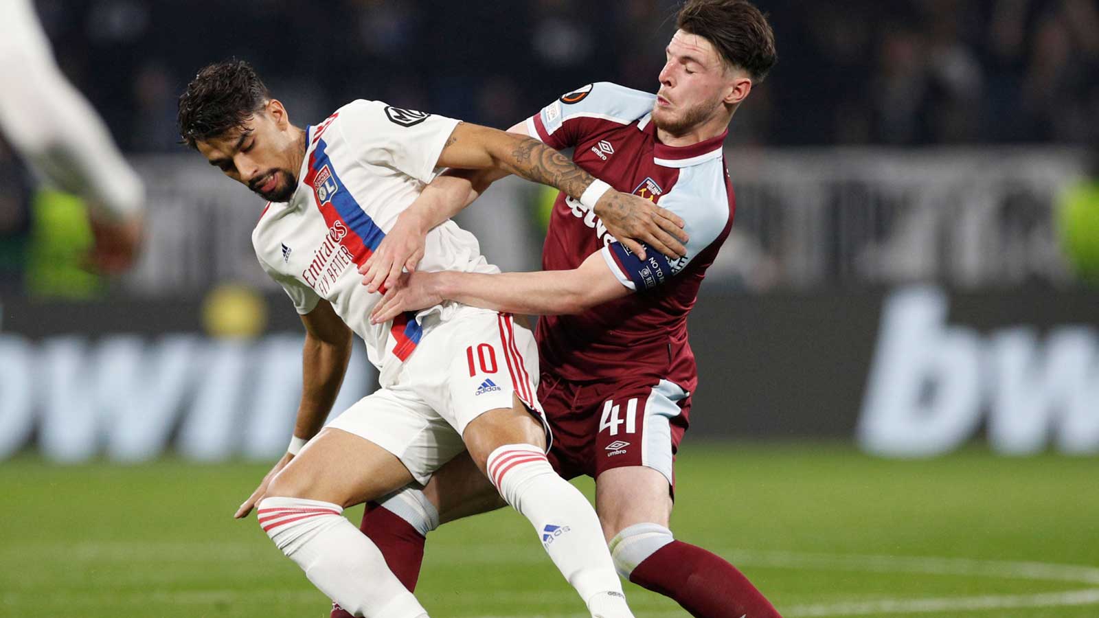 Lucas Paquetá battles with Declan Rice during the UEFA Europa League quarter-final last season