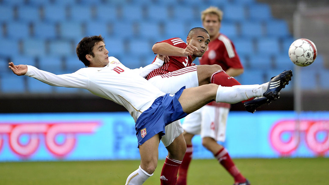 Winston Reid in action for Denmark U21s