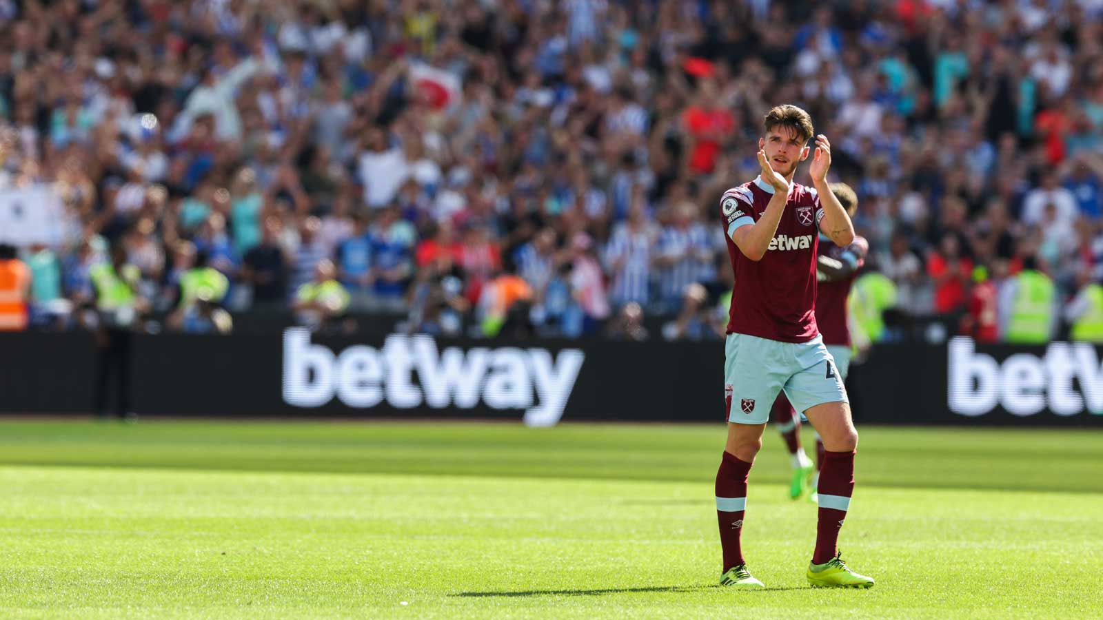Declan Rice applauds the Hammers fans at the final whistle against Brighton