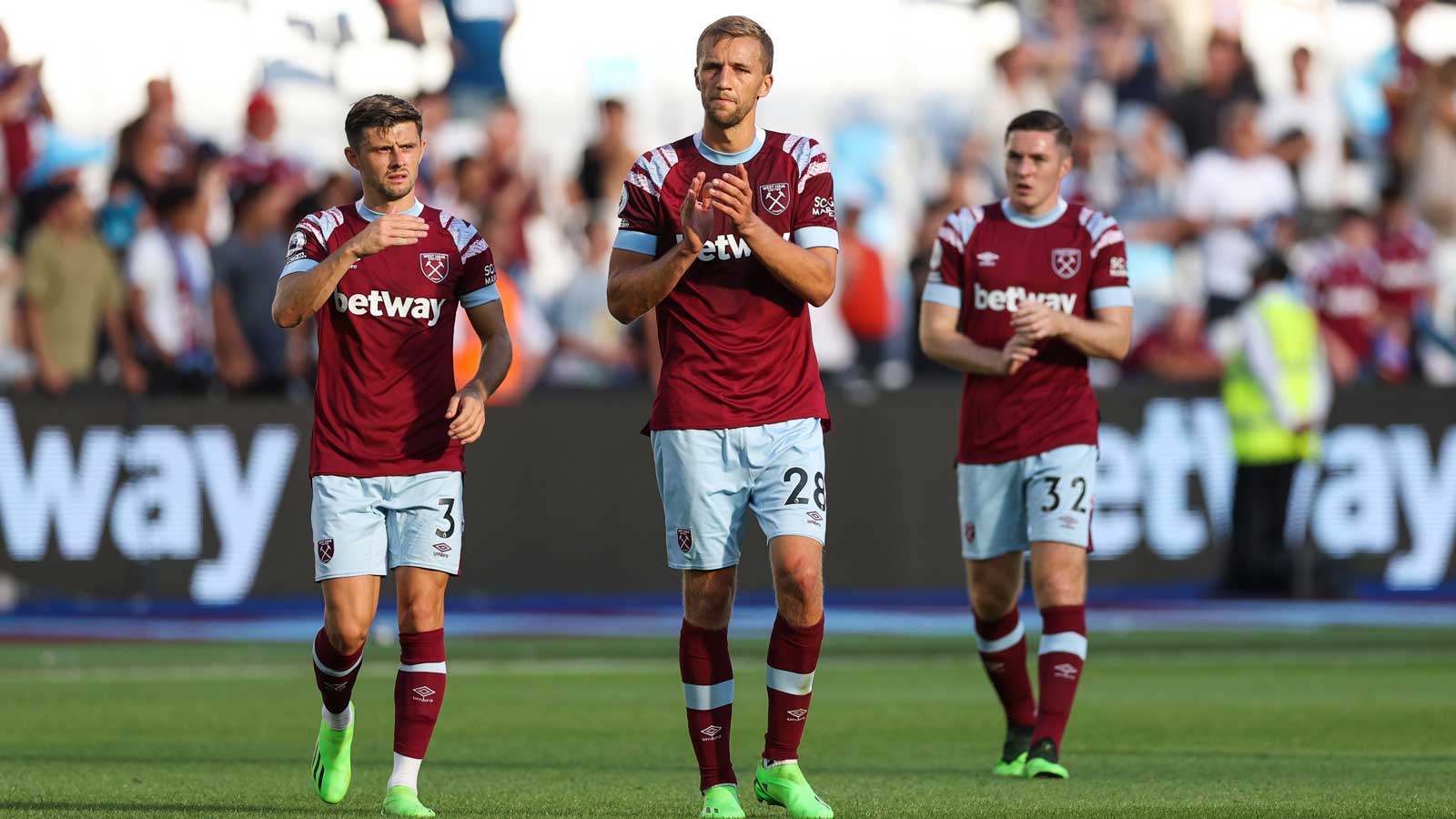 Tomáš Souček, Aaron Cresswell and Conor Coventry applaud the Claret & Blue Army at full-time