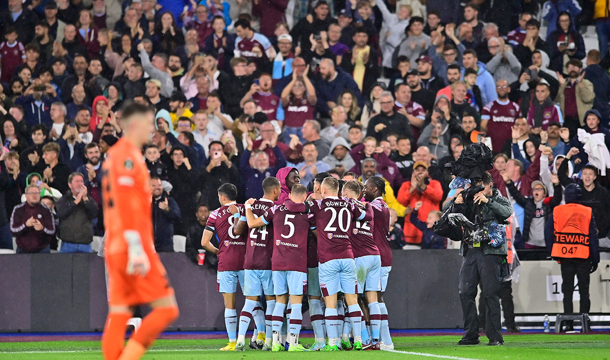 West Ham United players celebrate the second goal against FCSB