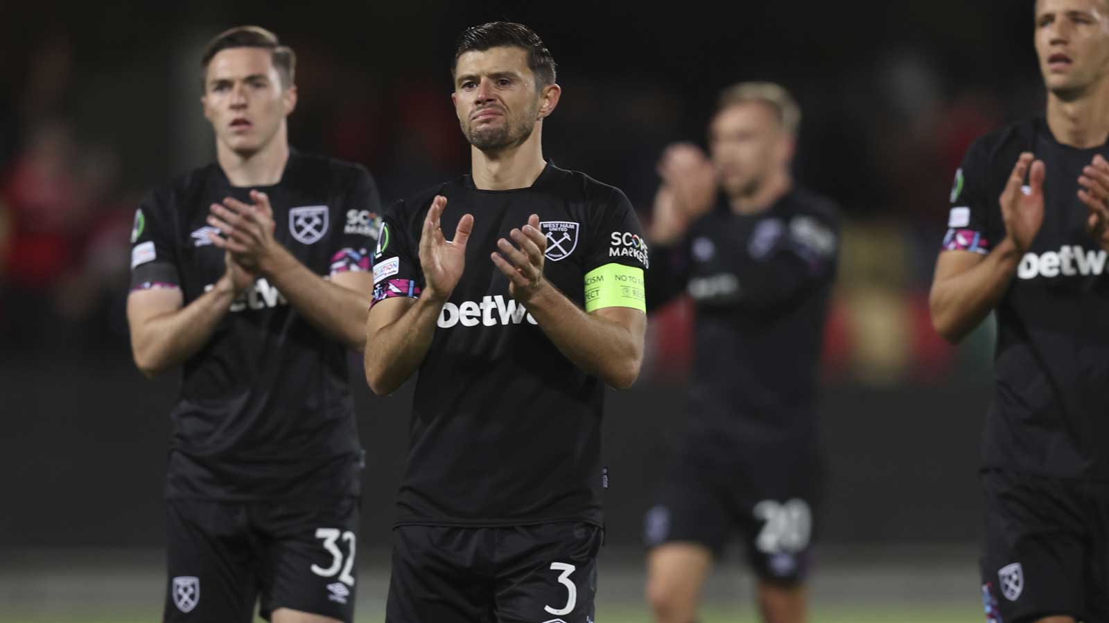 Aaron Cresswell applauds the Hammers fans in Silkeborg