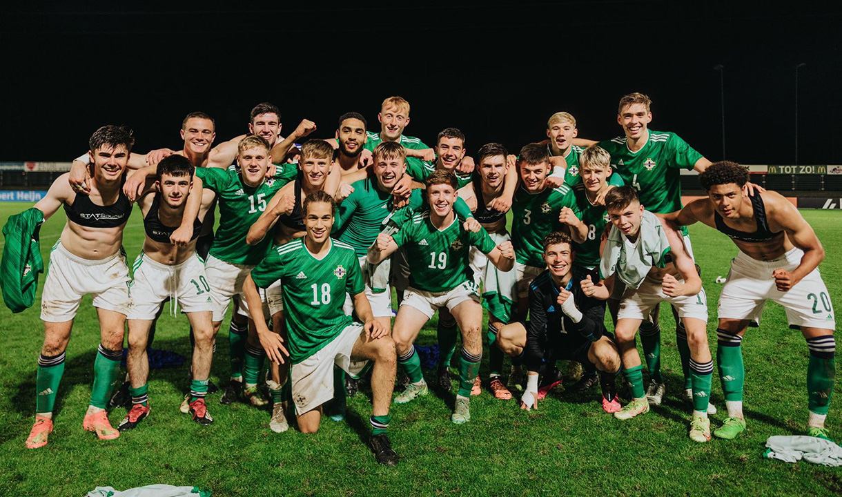 Callum Marshall, Michael Forbes and Patrick Kelly celebrate a Northern Ireland U19s win